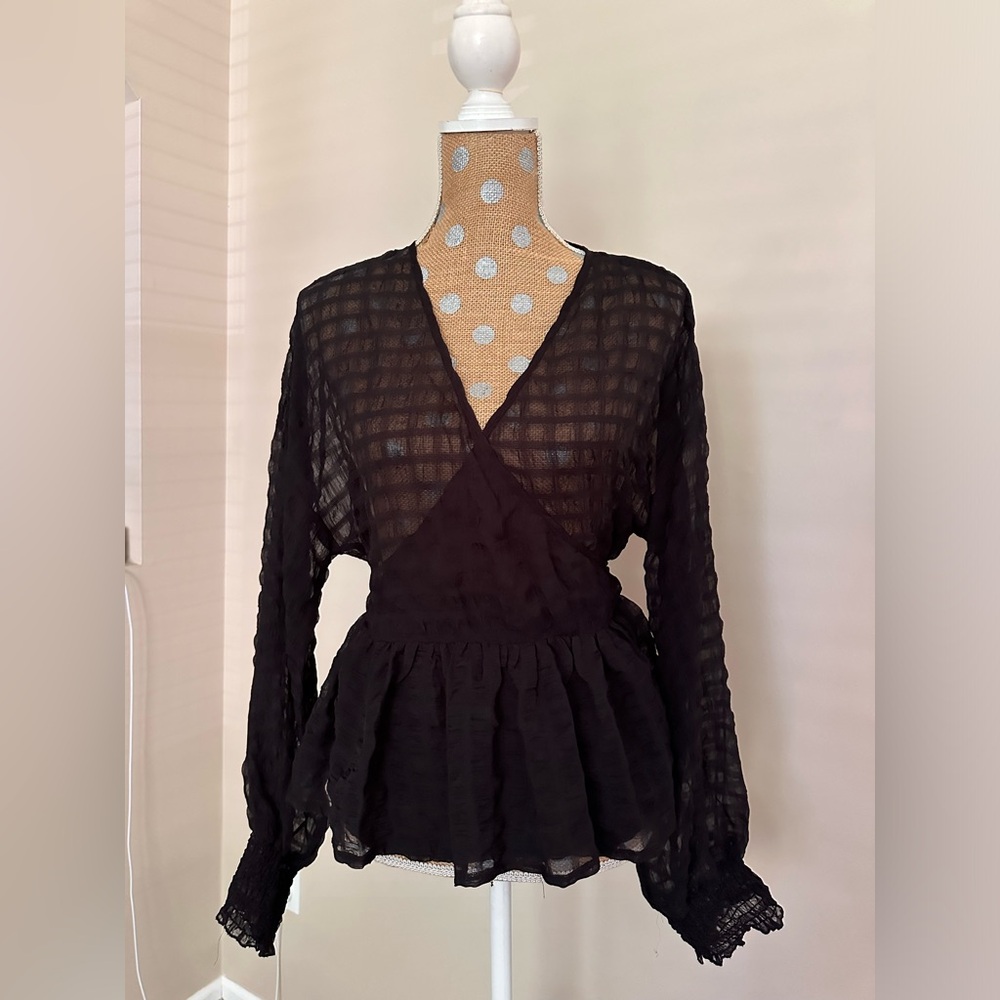 Misguided Plus Sheer Check Wrap Blouse